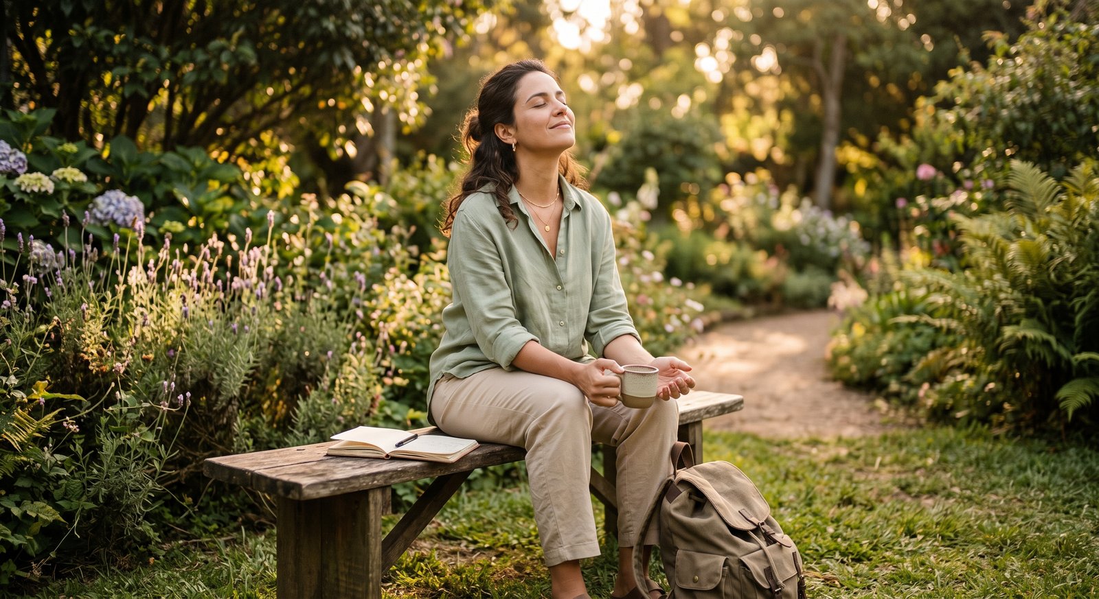 Mulher tranquila sentada em um jardim ao entardecer