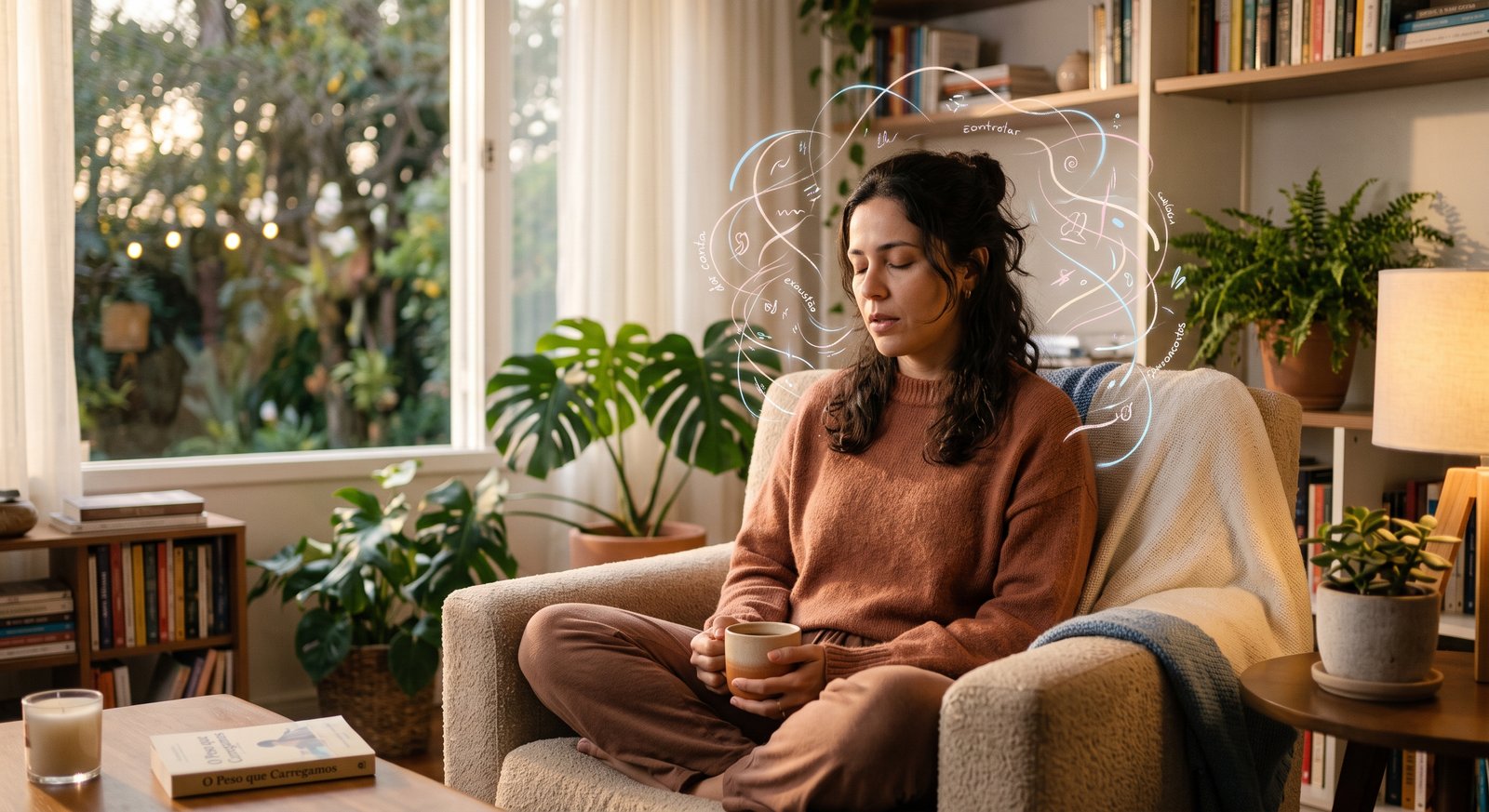 Mulher em sessão de psicoterapia, em um ambiente acolhedor